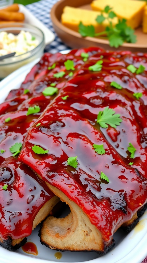 A plate of barbecue ribs glazed with sauce, garnished with parsley, surrounded by coleslaw and cornbread.